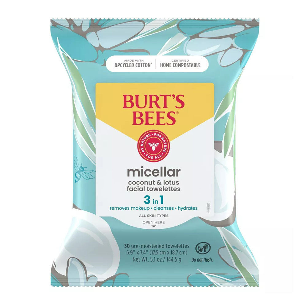Burts Bees Micellar Cleansing Towelettes, Coconut And Lotus, 30 Ea